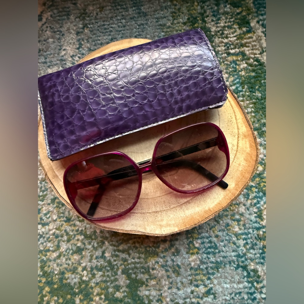 Vintage purple plastic oversized sunglasses and case